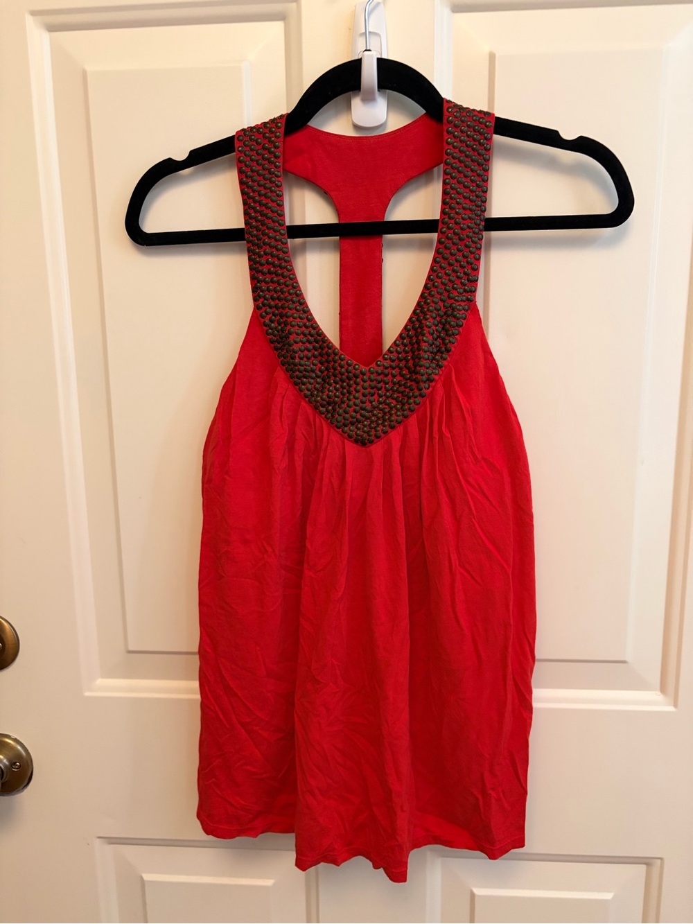 Beaded V-Neck Sleeveless Red Tank